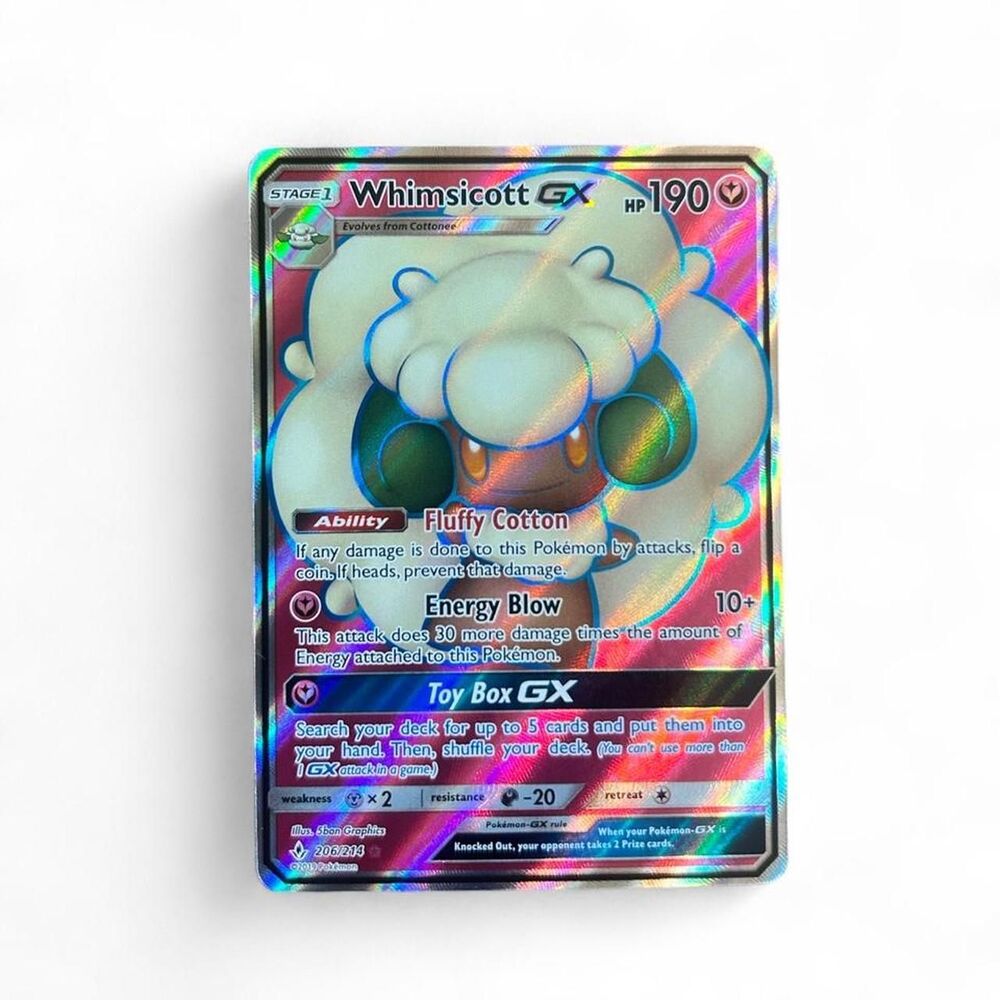 Whimsicott GX full art 206/214 Pokémon Card.
